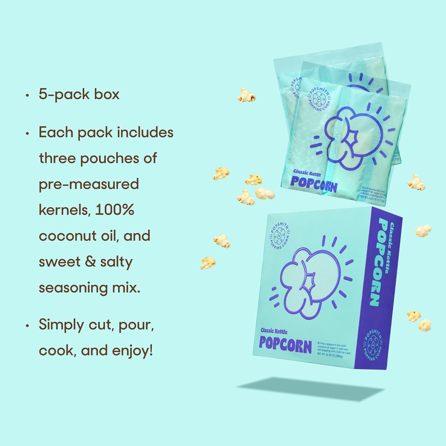 Popsmith Popcorn Popper in Butter & Pack of 5 Classic Kettle Corn Popcorn Kits Bundle - 4 oz Popcorn Packets and Stainless Steel Popcorn Maker Compatible with All Stovetops
