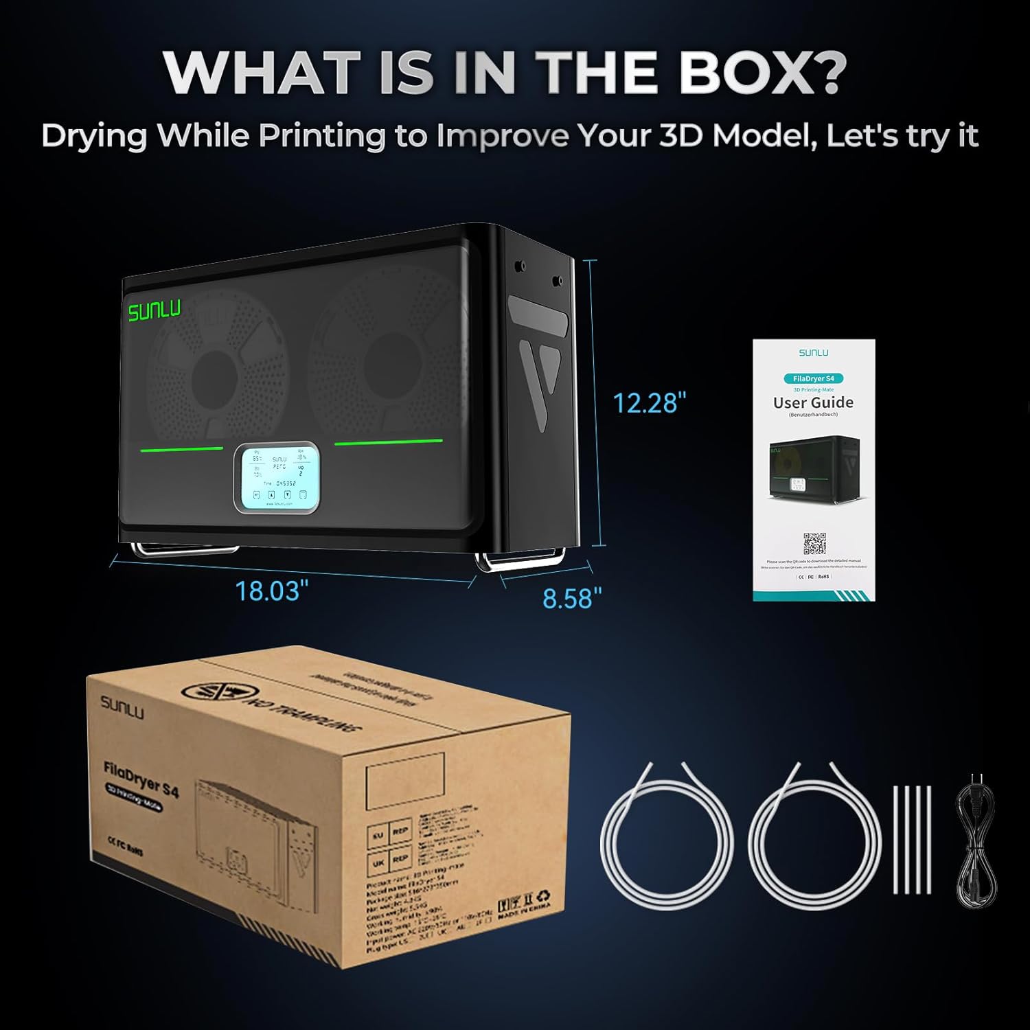 Official Filament Dryer S4, 4 Spools Capacity, Auto Humidity Control, 350W PTC Heater Power, and Advanced Triple Fan Upgrade 3D Printer Filament Dry Box, Compatible with PLA,PETG,ABS,TPU,PA