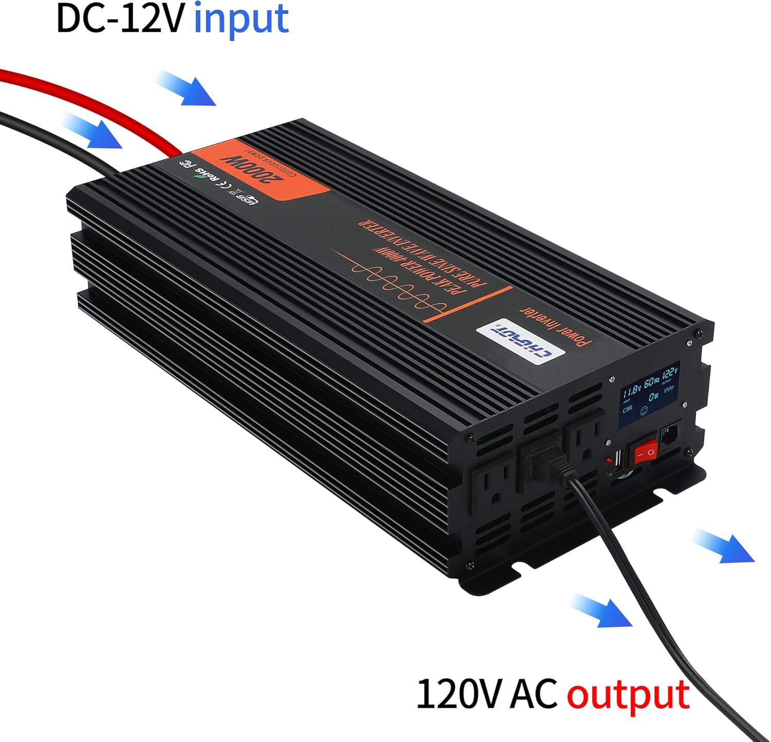 Power Inverter, 2000W Pure Sine Wave Inverter DC 12V to AC 120V Car Inverter with LCD Digital Display Remote Control USB Port Power Converter for Travel/Camping