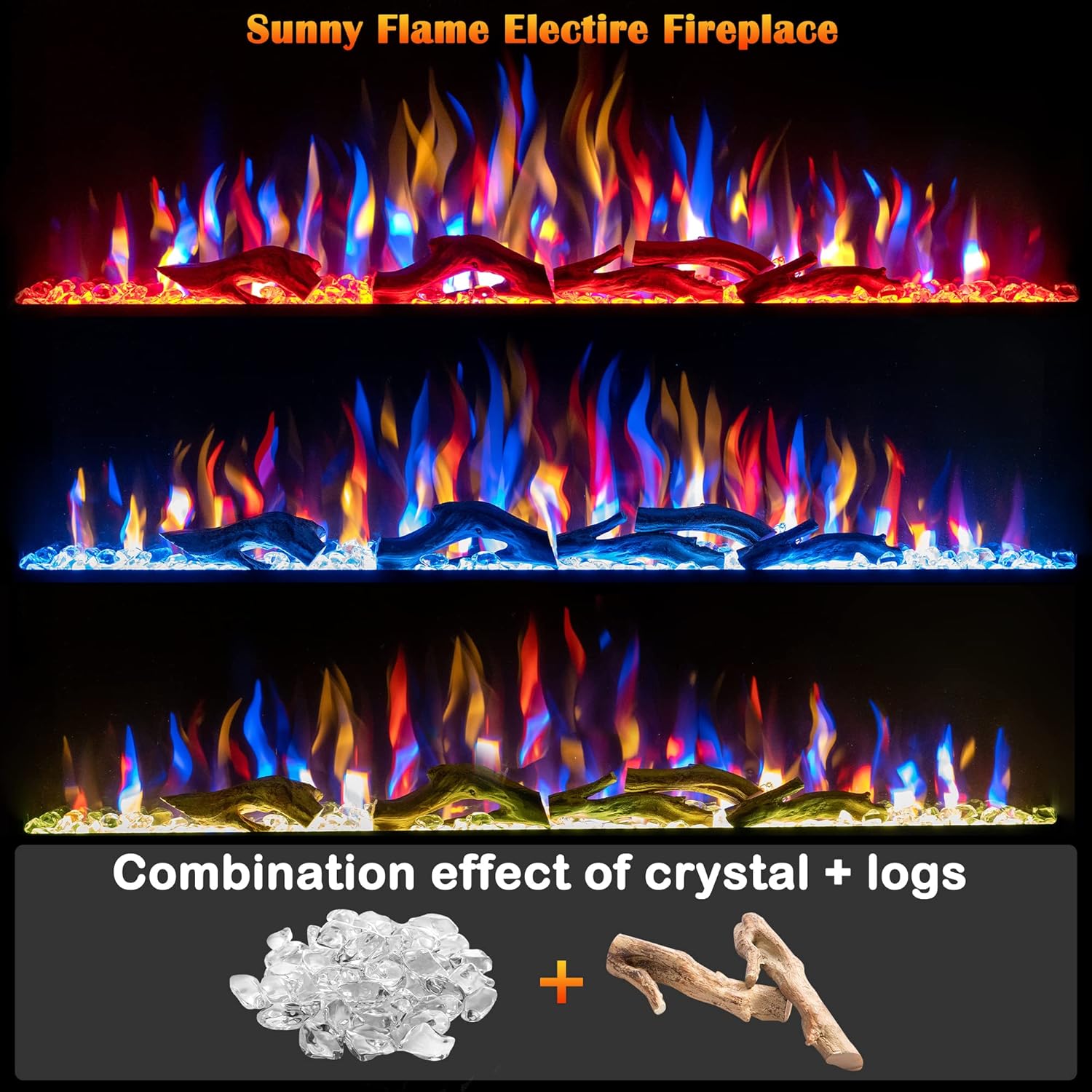 SUNNY FLAME 36 Inch Electric Fireplace Insert and Wall Mounted, Fireplace Heater, Log Set & Crystal Options, Remote Control with Timer, Adjustable Flame Color 750/1500W Heat