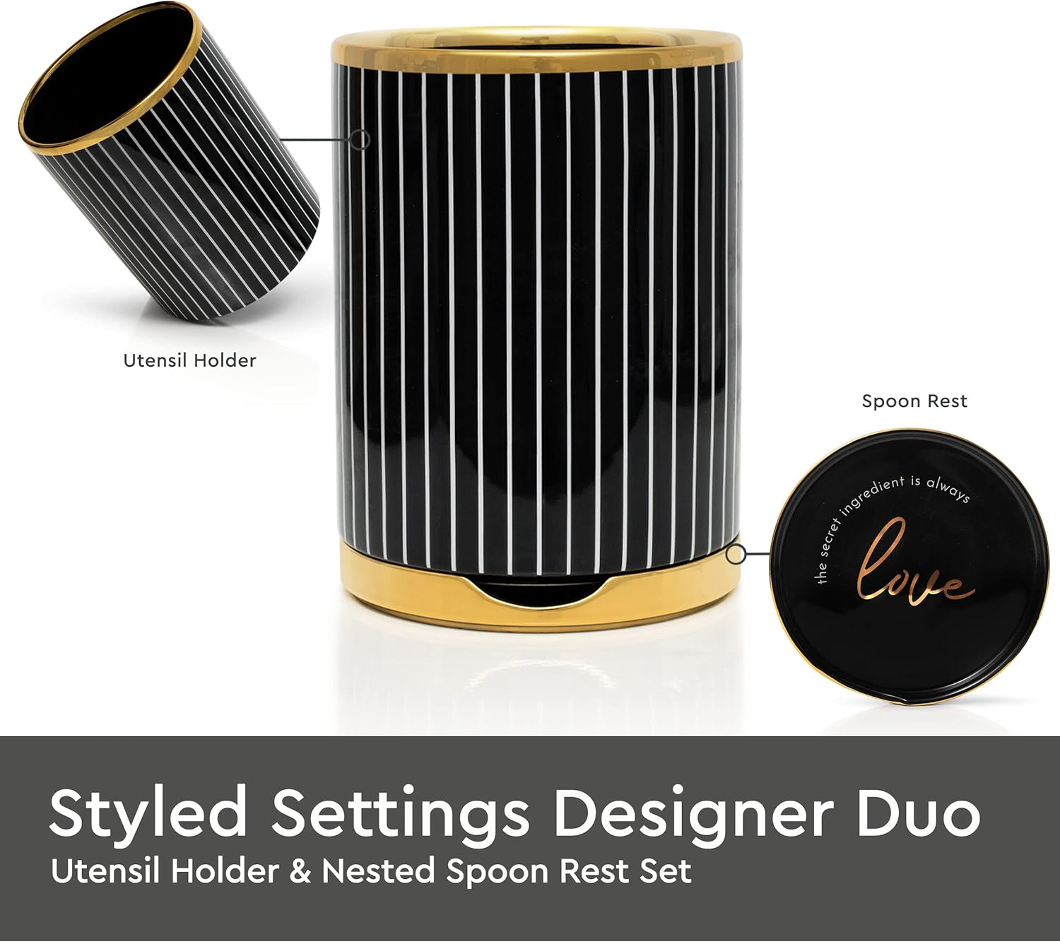 Black and Gold Knife Set with Block Self Sharpening, Black Utensil Holder with Built-In Ceramic Spoon Rest and Gold Cooking Utensils Set-21 Piece Luxe Black and Gold Kitchen Accessories