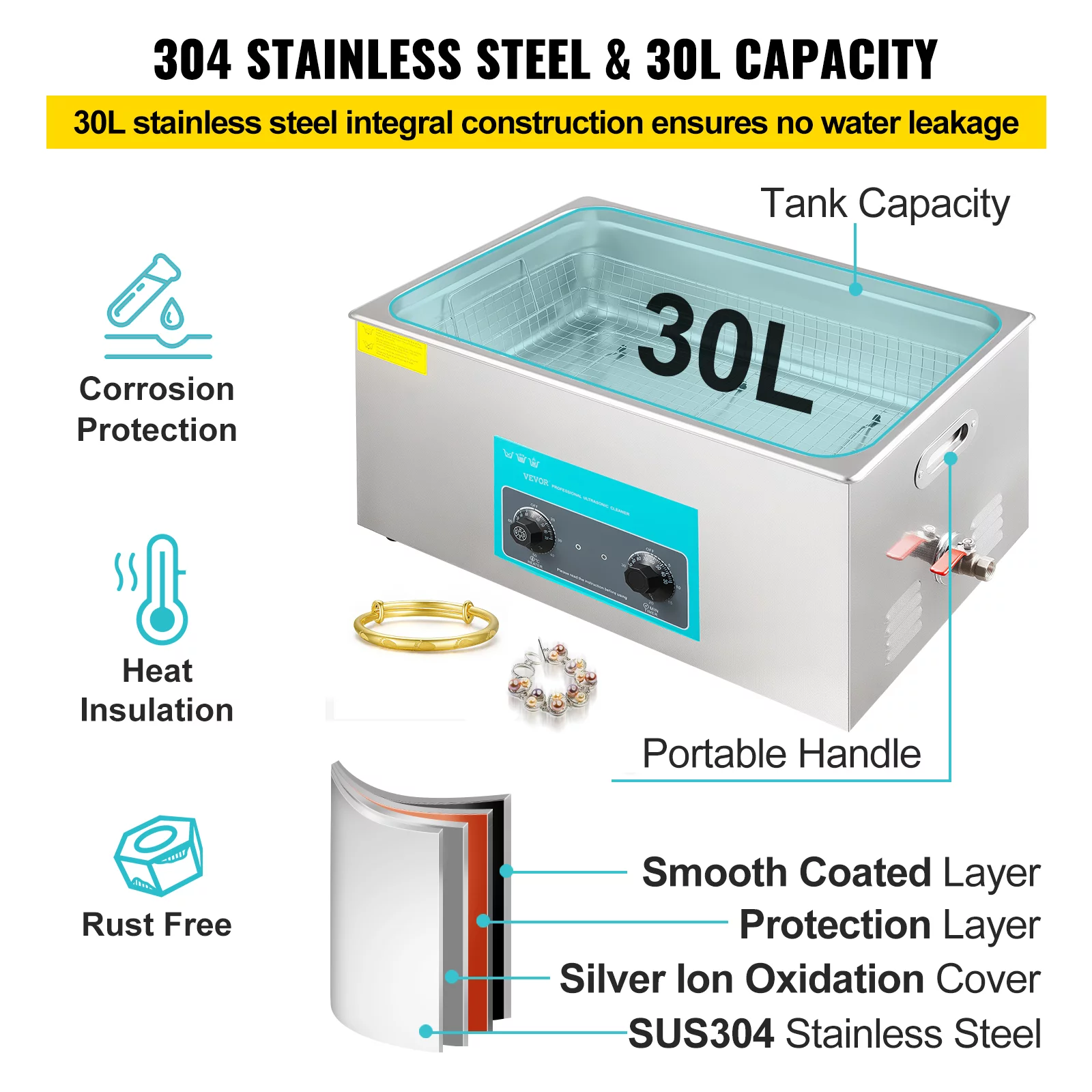 VEVORbrand 30L Ultrasonic Cleaner 304 Stainless Steel Professional Knob Control Ultrasonic Cleaners with HeaterTimer for Jewelry Watch Glasses Circuit Board Dentures Small Parts Dental Instrument