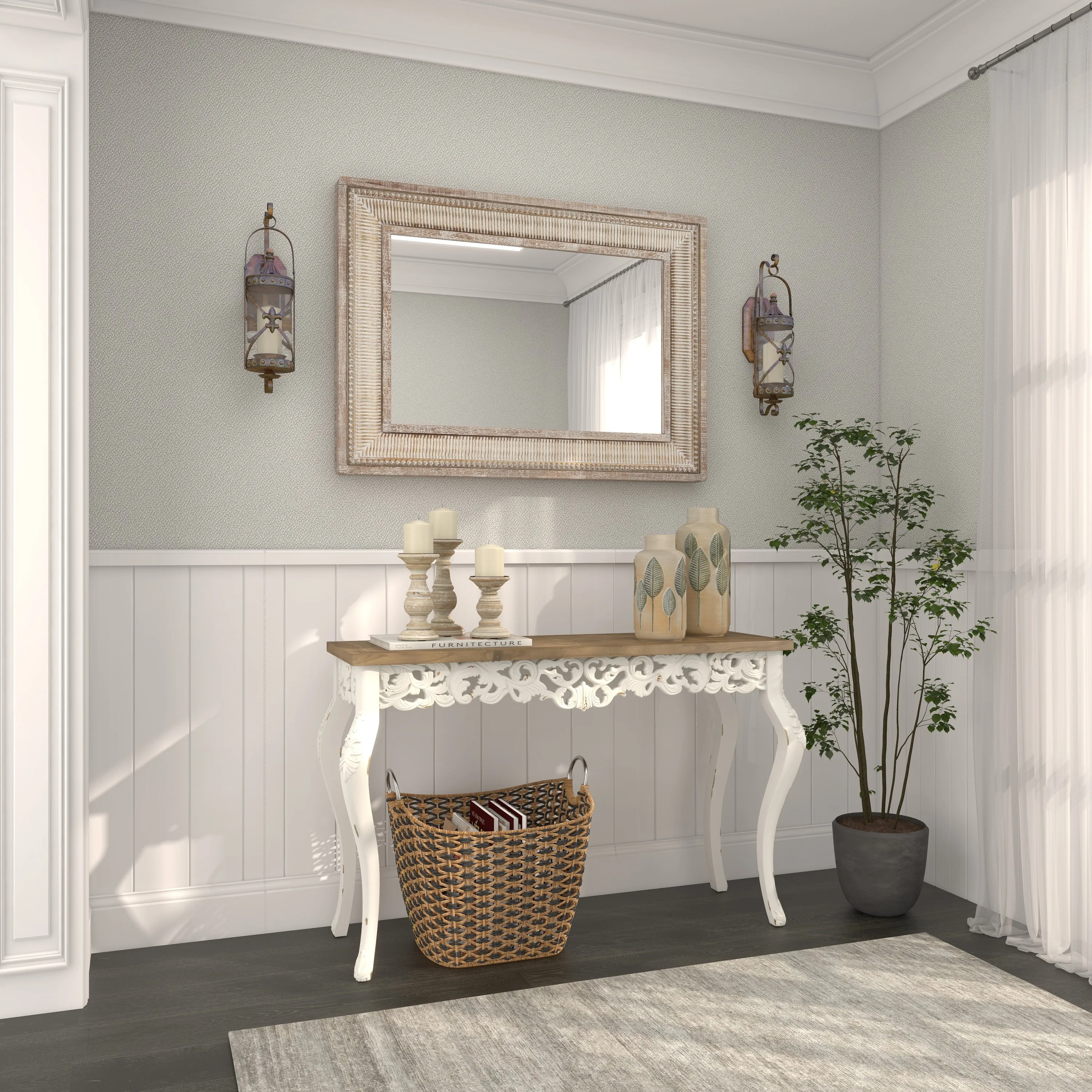 DecMode 46" x 30" White Wood Intricately Carved Floral Console Table with Brown Wood Top, 1-Piece