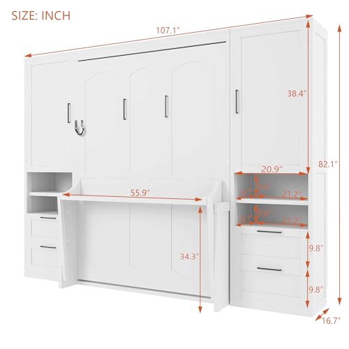 KLMM Wooden Murphy Bed Wall Bed with 2 Wardrobe and Storage Shelf,Foldable Platform Bedframe for Guest-Room Bedroom Study Office Use (White#E, Full)