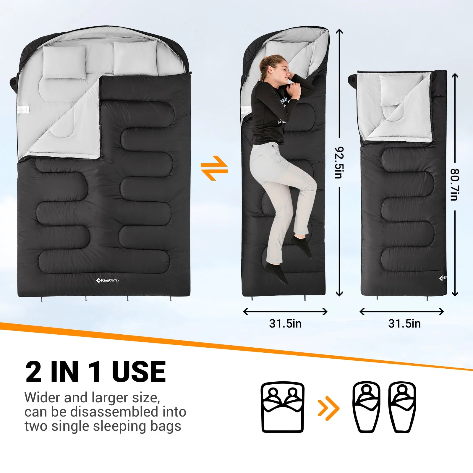 KingCamp Double Sleeping Bag with 2 Pillows for Adult 2 Person 3 Season Camping Sleeping Bag (Blue,6.8℉-41℉)