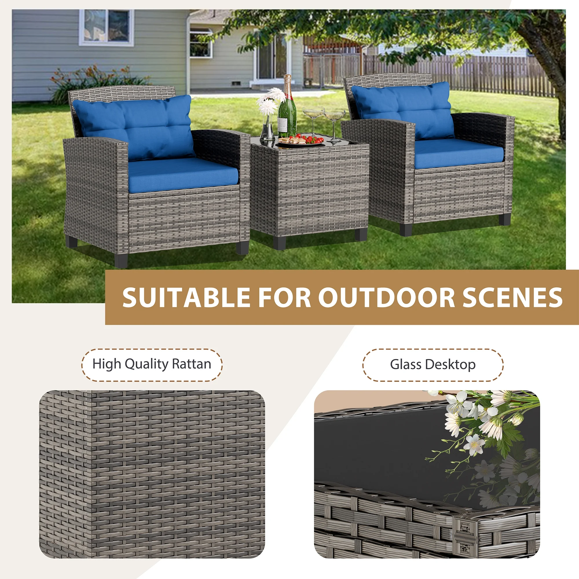 Walsunny 3 Pieces Patio Furniture Set Outdoor Wicker Conversation Bistro Set Outdoor Patio Chairs with Tempered Glass Table Beige