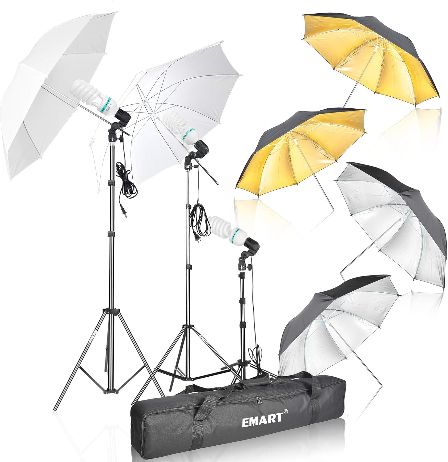 Emart Photography Umbrella Lighting Kit, 1575W 5500K Photo Video Studio Continuous Reflector Lights for Camera Portrait Shooting Daylight (Translucent/White, Black & Silver, Black & Gold)