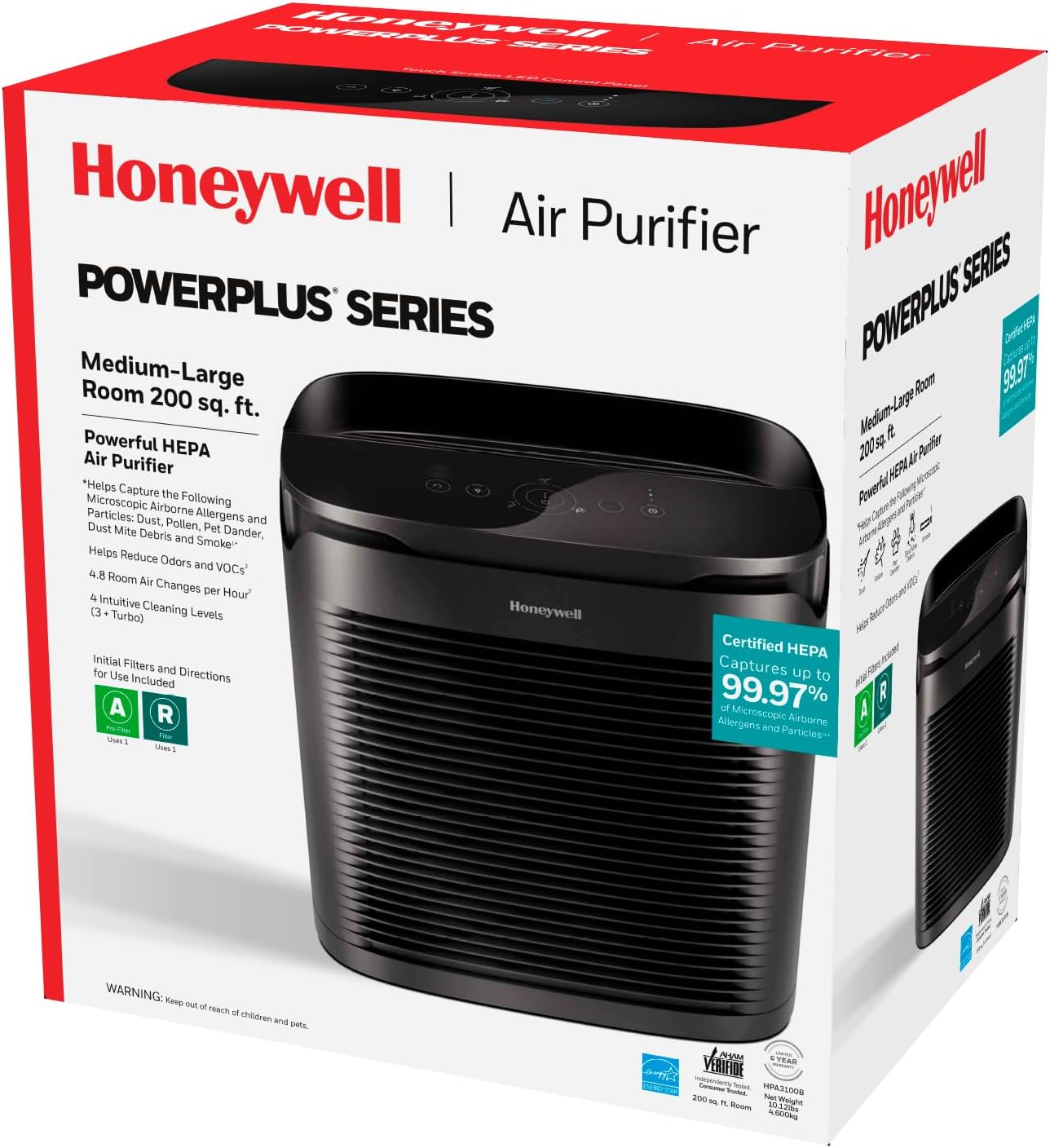 Honeywell PowerPlus HEPA Air Purifier, Allergen Reducer for Medium/Large Rooms (200 sq. ft.) Black - Wildfire/Smoke, Pollen, Pet Dander & Dust Air Purifier, HPA3100