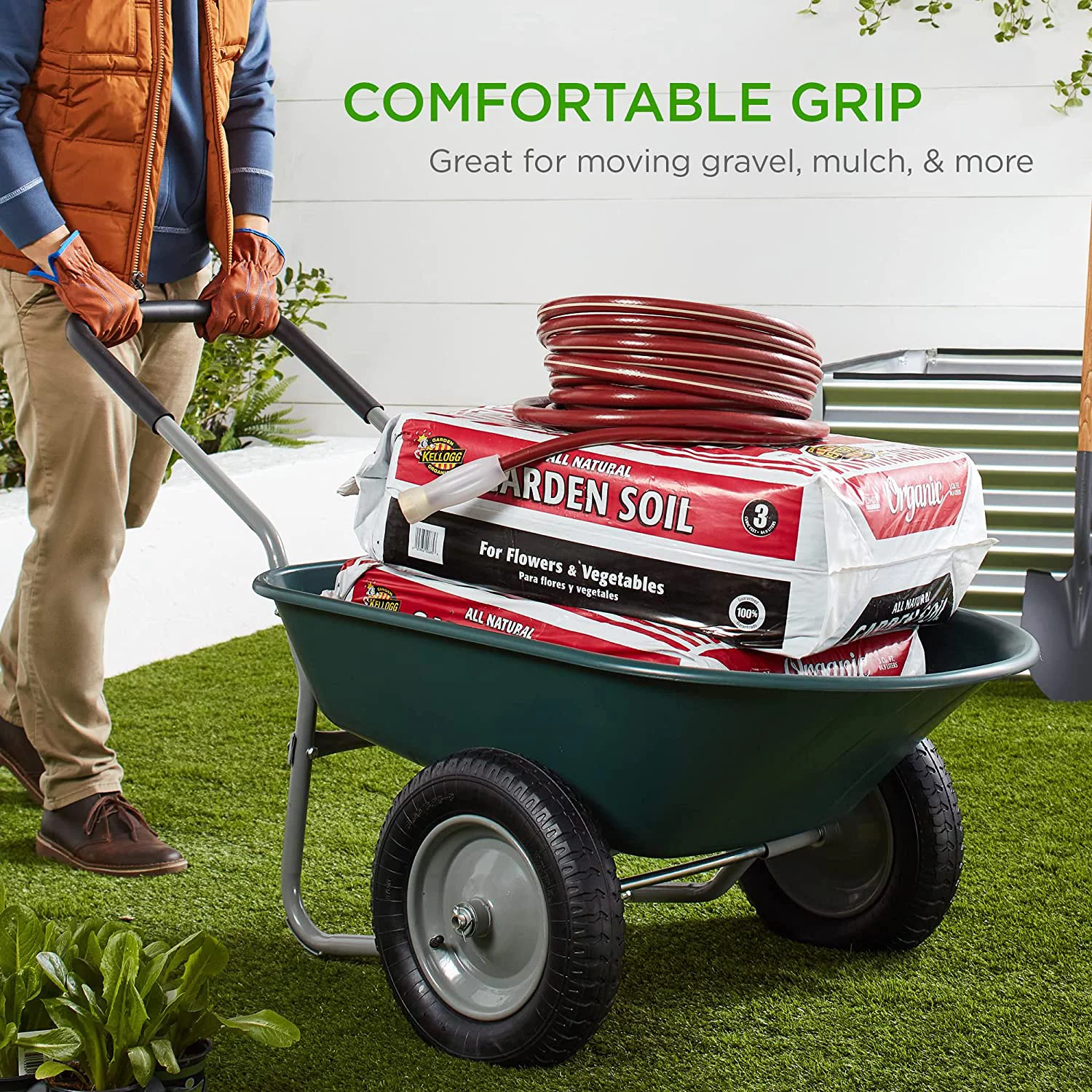 Dual-Wheel Home Utility Yard Wheelbarrow Garden Cart w/ Built-in Stand for Lawn, Gardening, Grass, Soil, Bricks, and Construction, Green