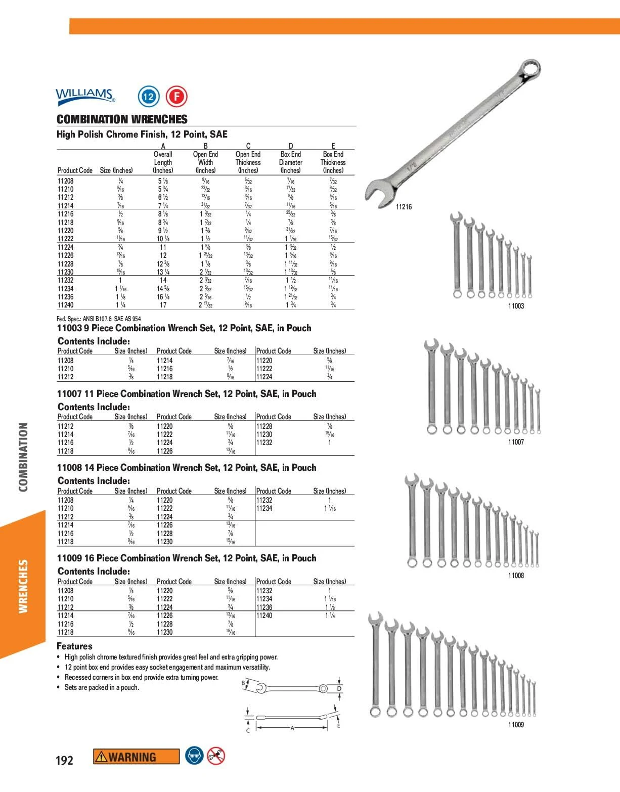 Williams 11009 Combo Wrench Set,16 Pcs.