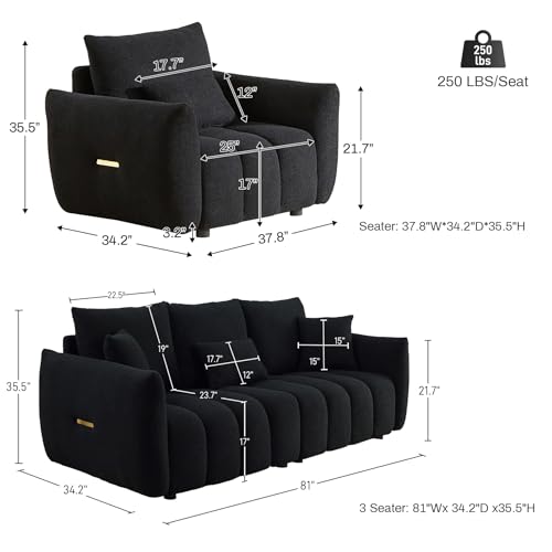 2 Piece Teddy Cloud Sofa Couch Set, Modern Deep Seat 3 Seater Boucle Sofa & Single Sofa Chair, Cozy Upholstered Sherpa Living Room Furniture Set for Apartment Office, Black