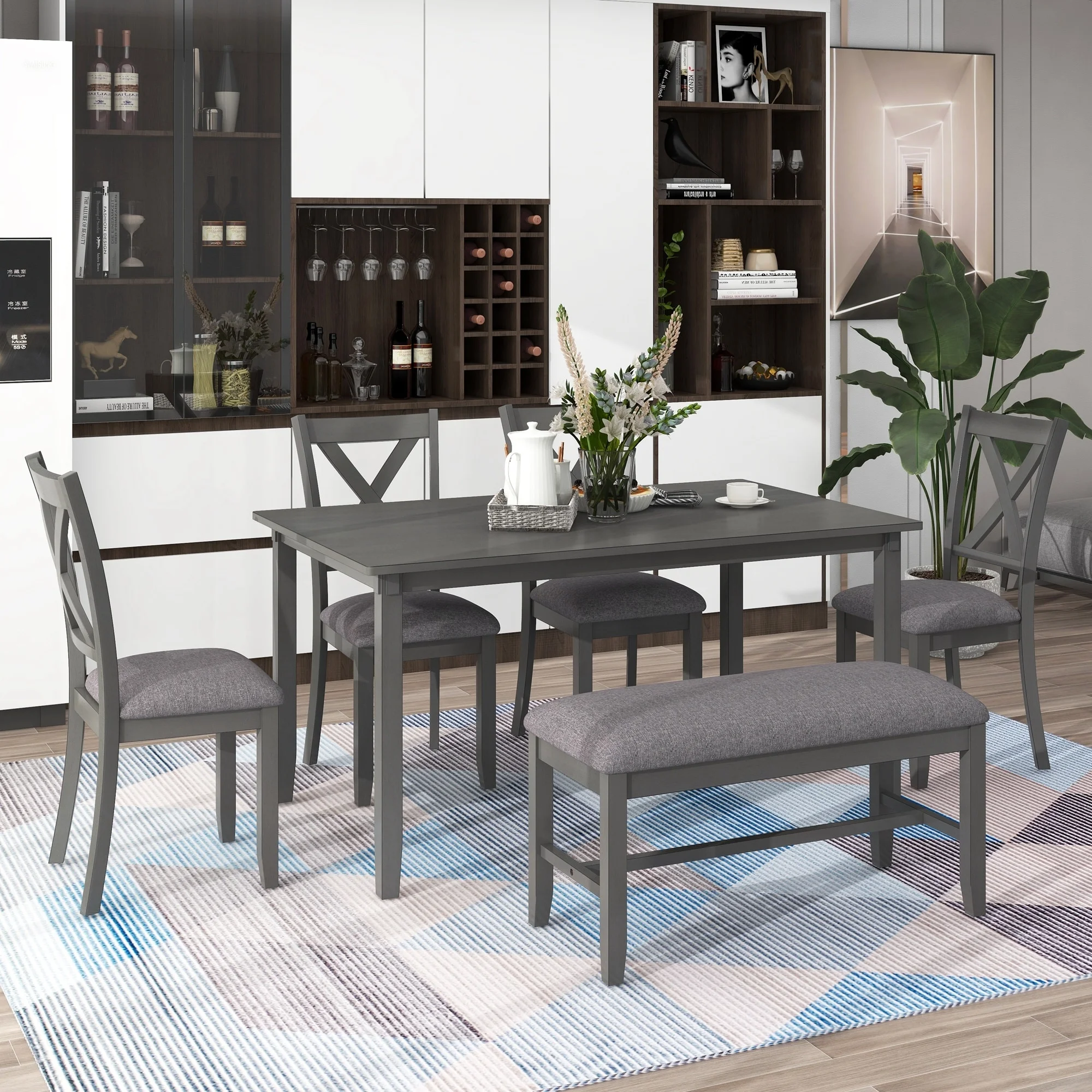 Gray 6-Piece Wooden Dining Table Set with 4 Fabric Chairs and Bench, Seats for 6