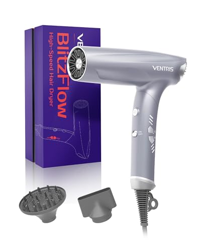 Ventris Ionic Hair Dryer Magnetic Diffuser,High Speed Styling Blow Dryer, Lightweight & Foldable for Travel Hair Dryer, Positive Negative Ion blowdryer
