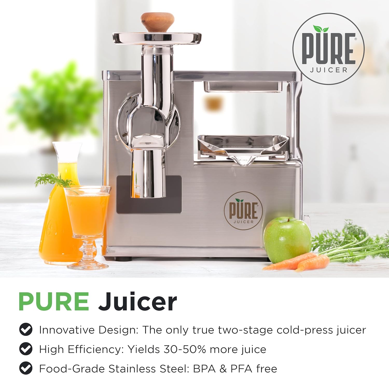 PURE Juicer Two-Stage Juicer - Premium Cold Press Juicing Machine - Solid Stainless Grinder and Hydraulic Press For Fruits, Vegetables, Nuts
