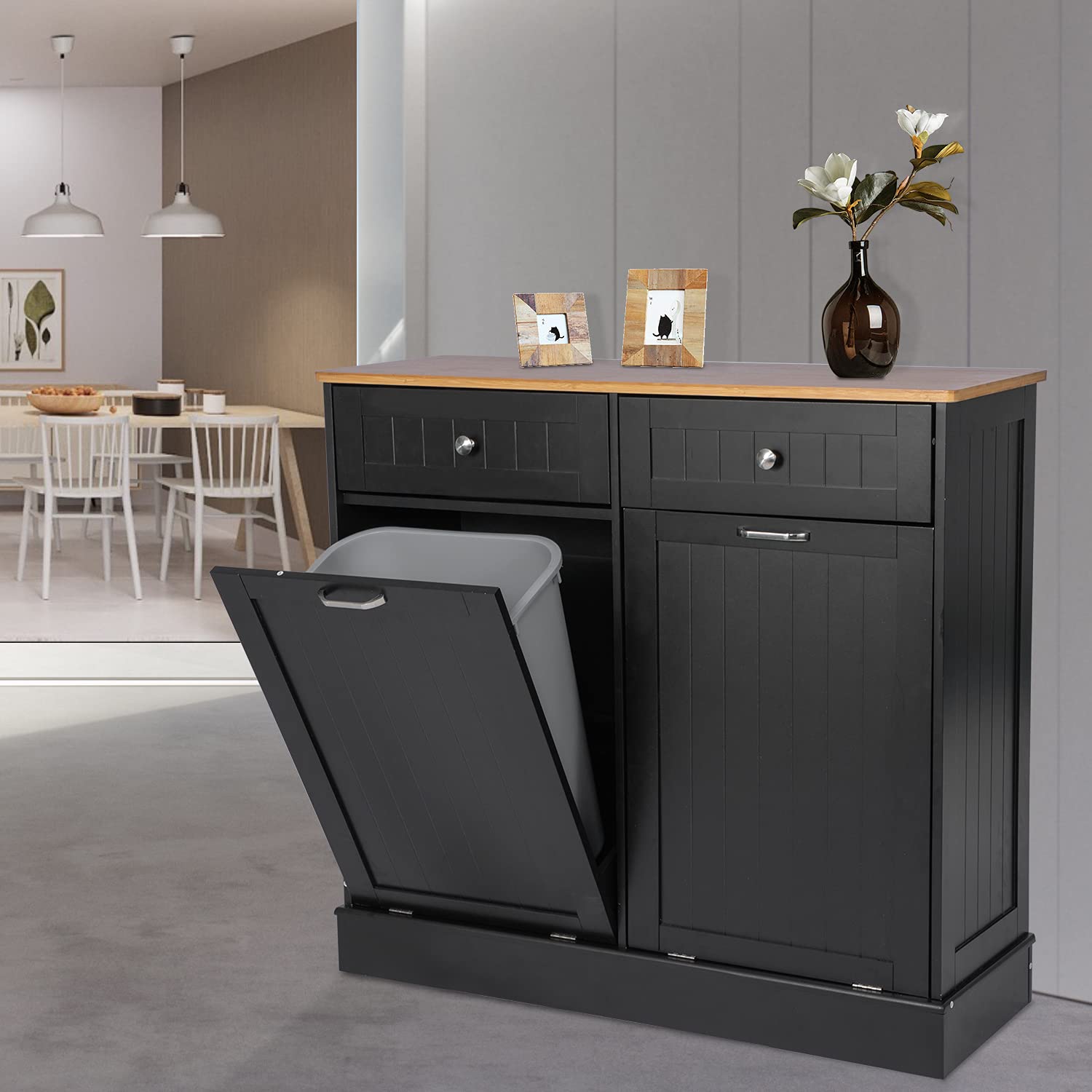 Anbuy Double Kitchen Trash Cabinets Dual Tilt Out Trash Cabinet with Two Wood Hideaway Trash Holder Drawers, Free Standing Recycling Cabinet Trash Can Holder (Dual White)