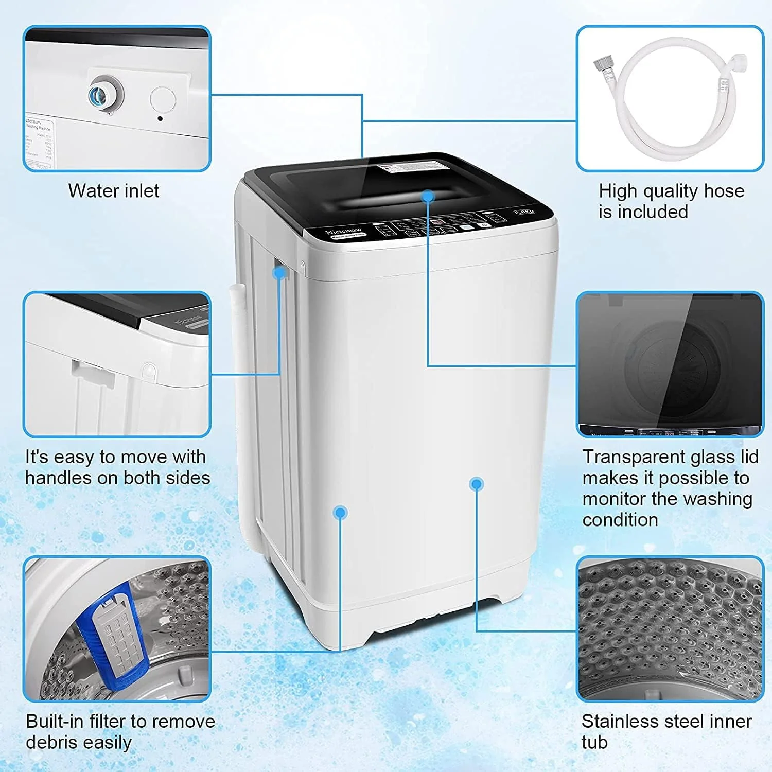 Qhomic Portable Washing Machine, 17.8lbs Large Capacity Fully-Automatic Laundry Washer 1.9Cu.ft Washer Machine Ideal for Apartments Dorms Families