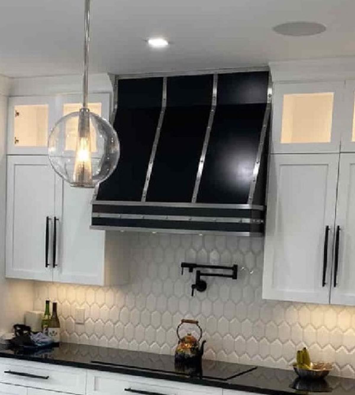 Black Stainless Steel Range Hood Island Mount 30'' W,36'' H, CT Copper Tailor Custom Handmade Metal Kitchen Vent Hood, With 4-Speed Exhaust Fan & LED Light,SH11-4TRM