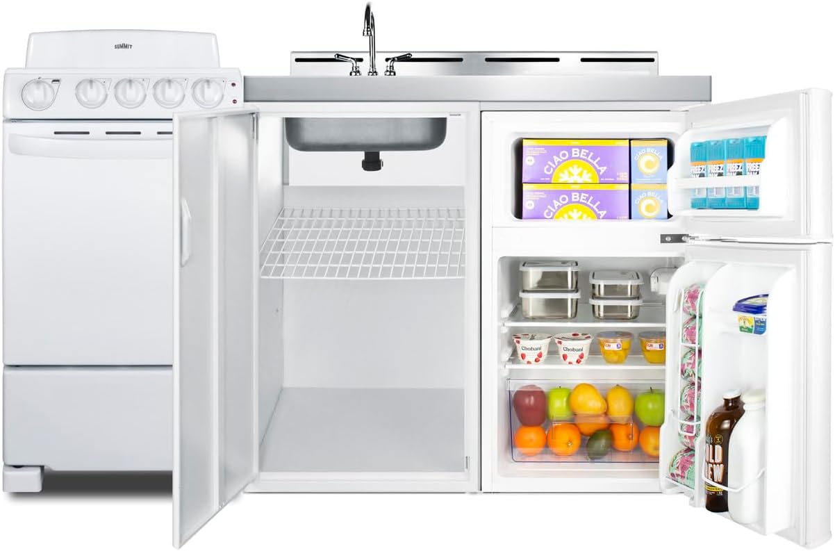 Summit Appliance ACK60COILW 60" Wide All-in-One Kitchenette with 220V 4-Element Electric Coil Range, Refrigerator-Freezer, Sink, Cutting Board and Cutlery Storage, and a Storage Cabinet