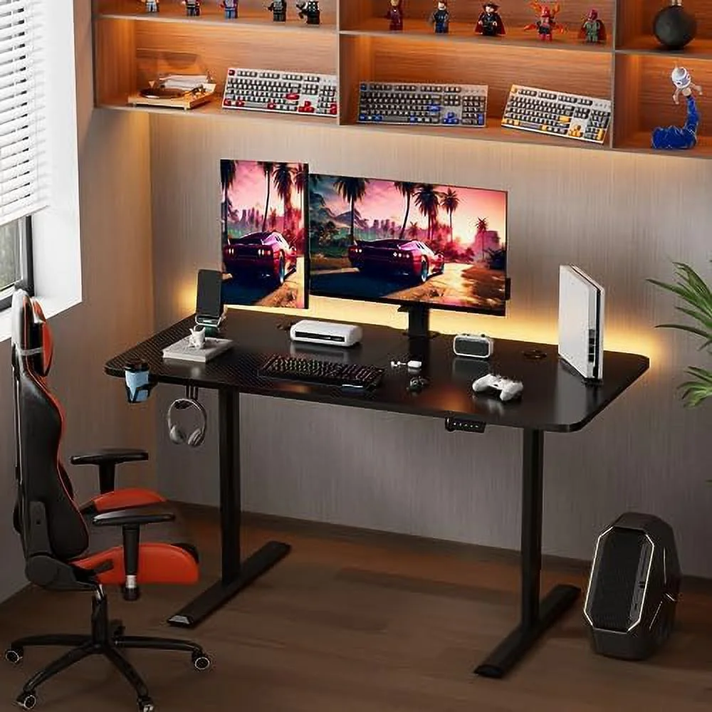 HJZBNONE Electric Height Adjustable Standing Desk 55 x 24 Inches Sit Stand Up Desk Memory Preset Computer Gaming Desk T-Shaped Bracket for PC Gamer  Carbon Black