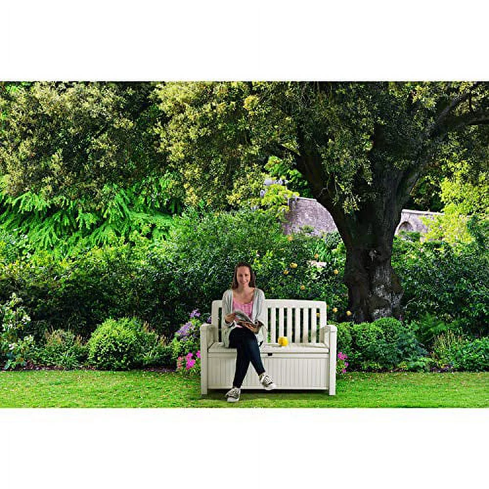 Keter 60 Gallon Storage Bench Chair Deck Box for Outdoor Patio and Garden, Ivory