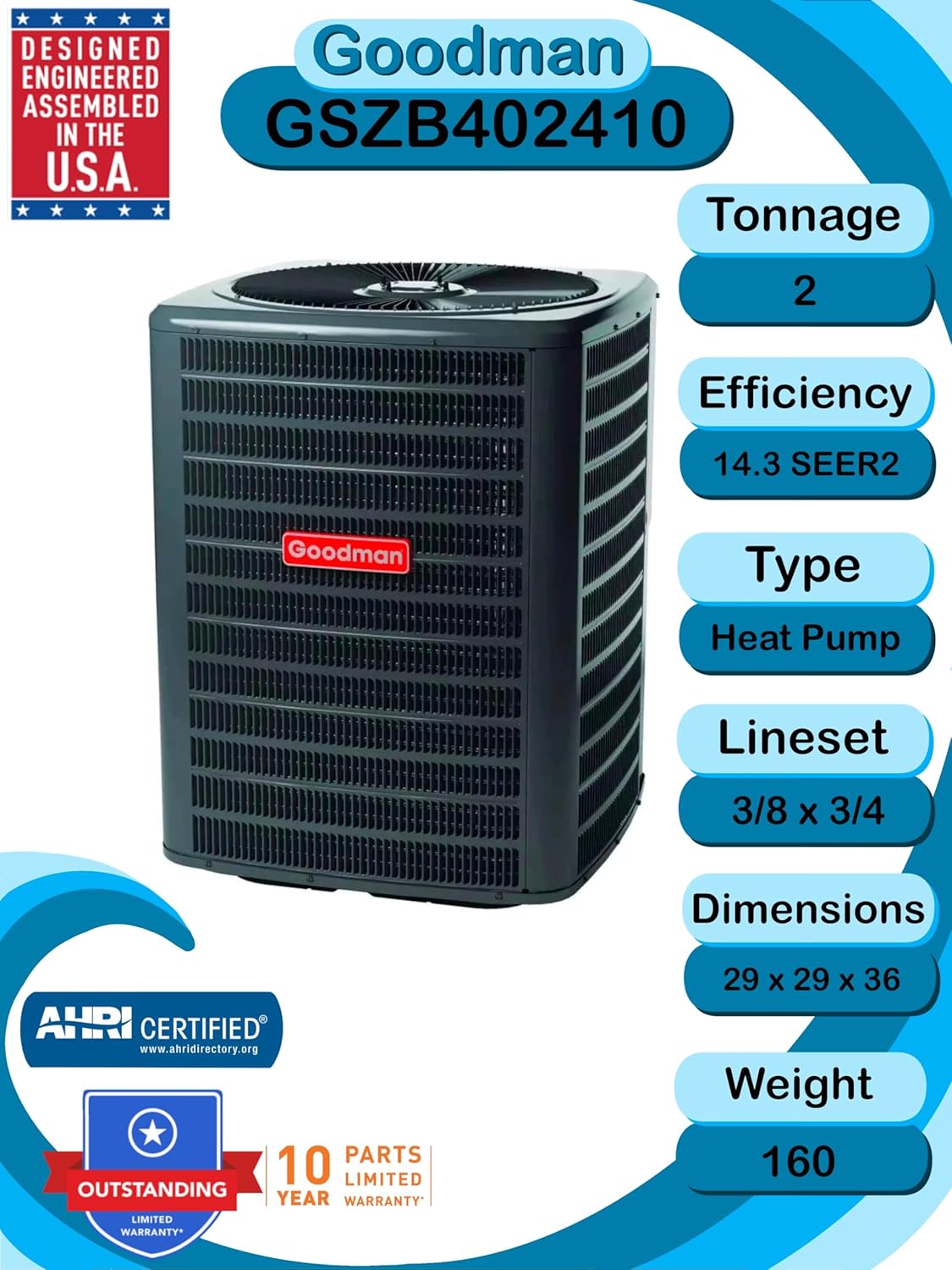 Goodman 2 TON 14.3 SEER2 Heat Pump Unit (GSZB402410) with Multi-Position Air Handler (AMST24BU1400) with built-in TXV