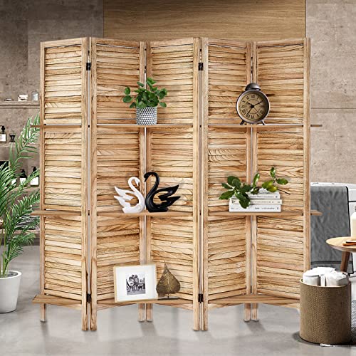 Room Divider with Shelves, Privacy Screen, Room Dividers and Folding Privacy Screens, 5 Panel Wood Temporary Wall Partition Separation Separator, Coconut