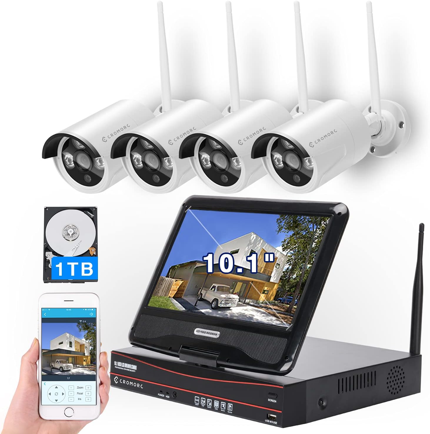 [8CH,Expandable] All in one with 10.1 Monitor Wireless Security Camera System, Cromorc Home Business CCTV Surveillance 1080P NVR, 4pcs 3MP Indoor Outdoor Night Vision One-Way Audio Camera,1TB HDD