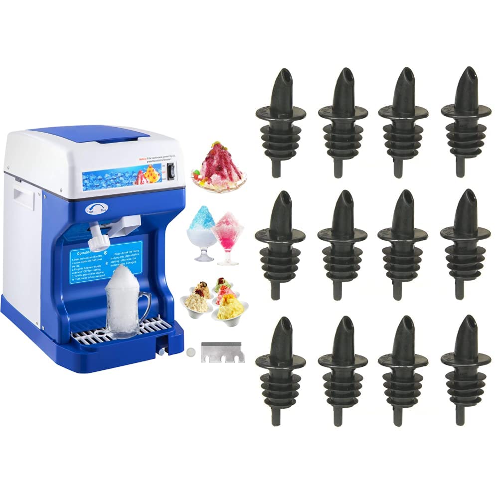 VEVOR 110V Electric Shaved Ice Machine 250W Snow Cone Maker Tabletop w/Adjustable Ice Texture, Ice Shaving Machine 265LBs/hr for Home and Commerical Use & Tablecraft Free Flow Pourers, Black, 12-Pack