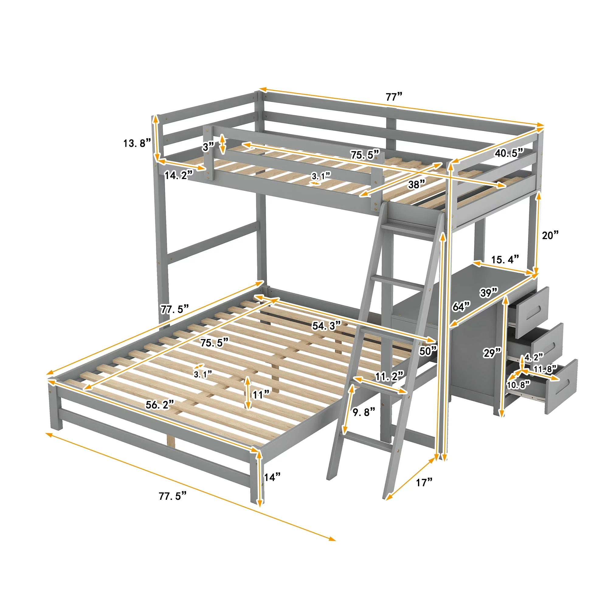 EUROCO Twin over Full Bunk Bed with Desk and Drawers for Kids Room, Gray
