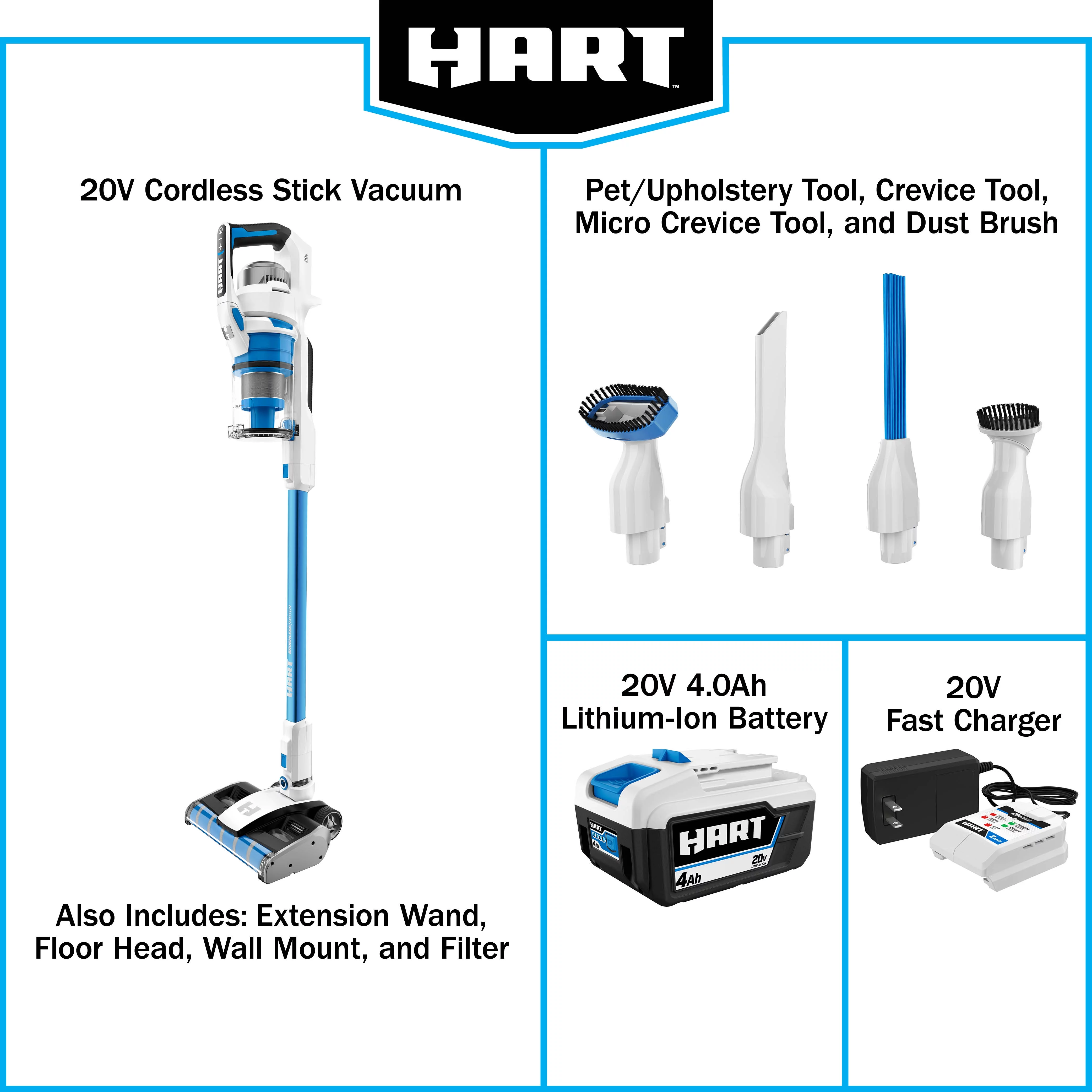HART 20-Volt Dual Brushroll Stick Vacuum Kit, (1) 4.0 Ah Lithium-Ion Battery