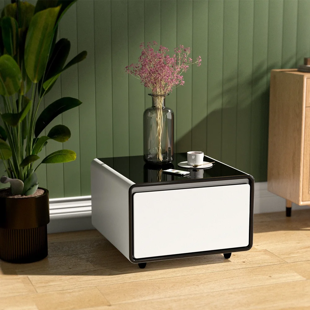 Livtab Smart Side Table with Built in Fridge, Charging Station, End Table with Storage Drawer, Control Panel for Living Room, White