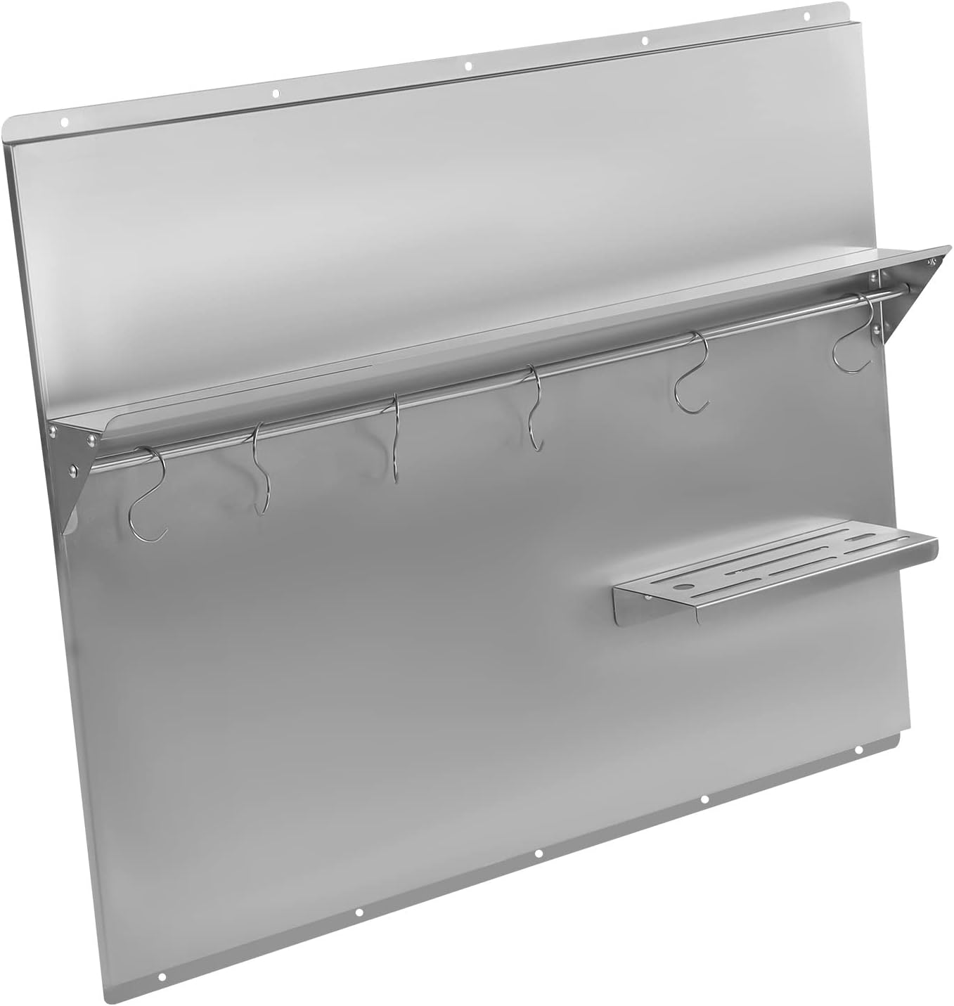 Range Backsplash with Shelf 36x 29.5 Inch Range Hood Wall Shield, Stainless Steel Backsplash Silver Splash Plate for Range Hood Stainless Backsplash with Built-in Storage Shelf and Hanging Rack