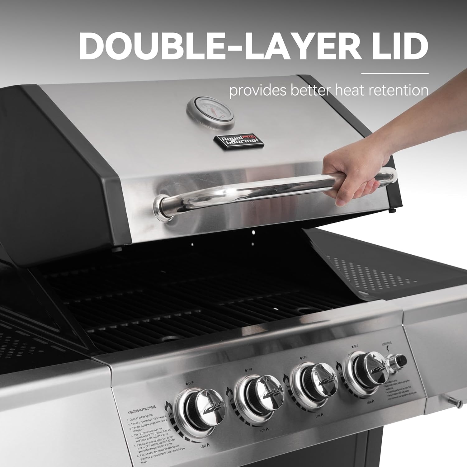 Royal Gourmet 4-Burner BBQ Propane Gas Grill with Stainless Steel Upper Lid, Outdoor Barbecue Gas Grill for Patio Garden Barbecue, 34,000 BTU Output, Black & Silver