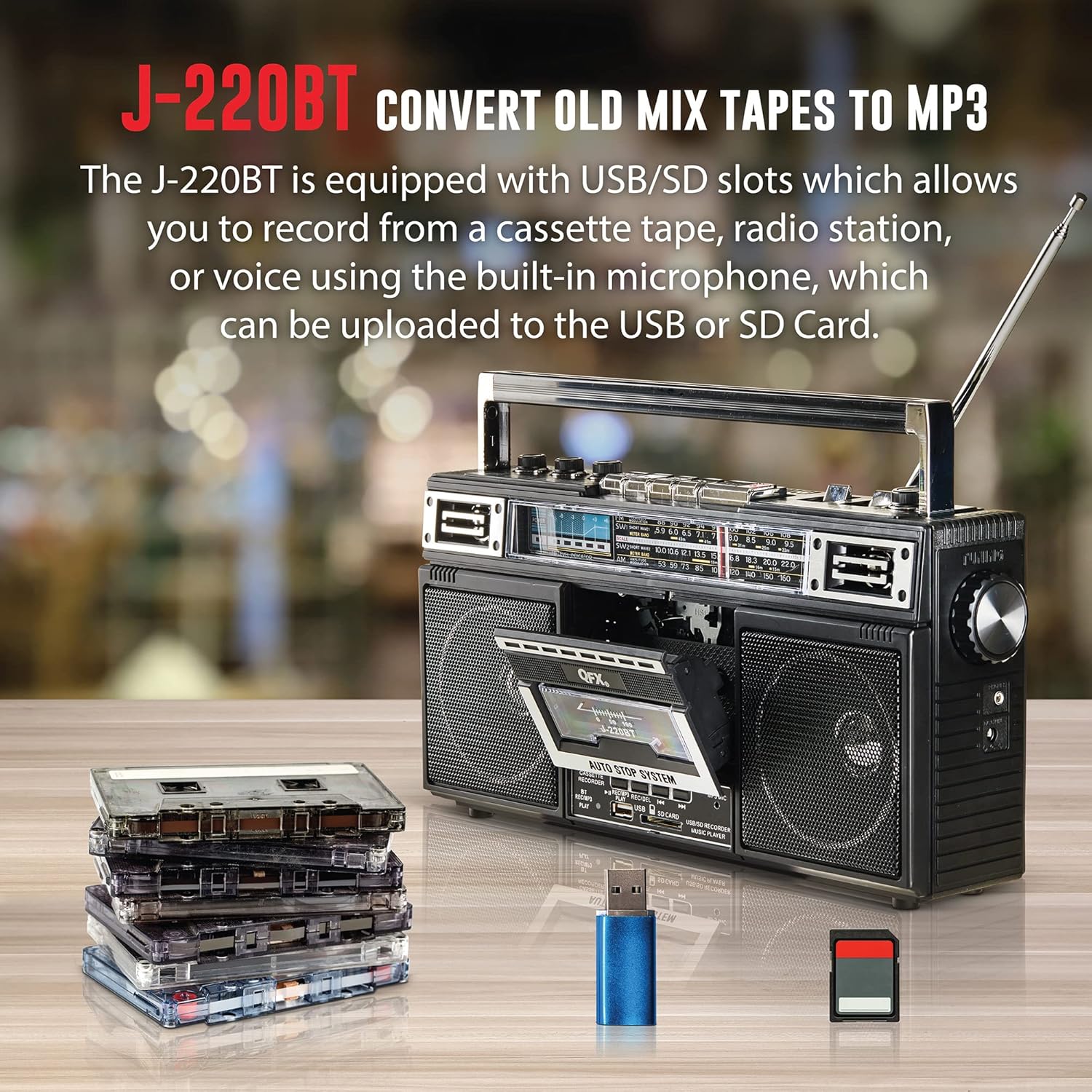 QFX J-220BT ReRun X Cassette Player/Recorder Boombox 4-Band (AM, FM, SW1, SW2) Bluetooth Portable Recording Boombox with Dual 3” Speakers, Built-in Microphone, 3-Band Equalizer Pack of 2