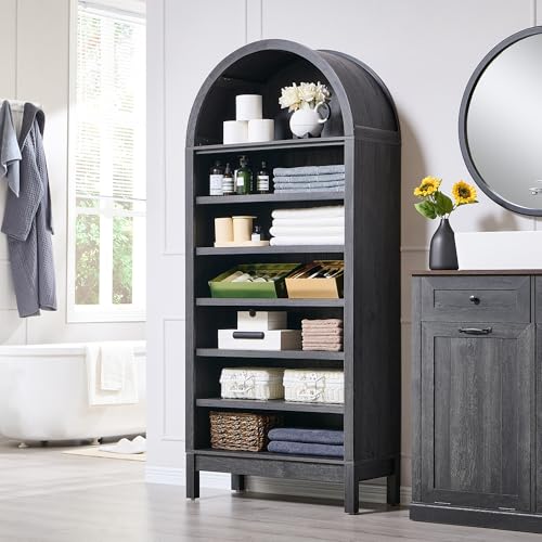 71" Tall Arched Bookshelf, 7 Tiers Arch Bookcase with Storage, Modern Farmhouse Book Shelf with Adjustable Shelves, Wood Bookshelf w/Open Display Shelves for Living Room, Office (Natural)