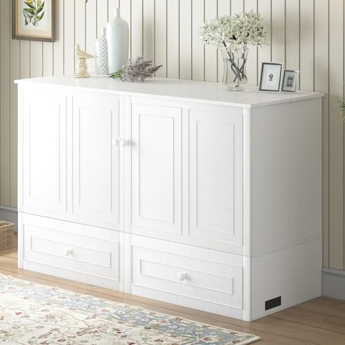 Mjkone Murphy Bed Cabinet, Queen Size Cabinets Bed Chest with USB Charging Station & Tri-Folding Mattress, Wall Beds with Storage Drawers for Guest Bedroom Apartment Office, Easily Convertible, White