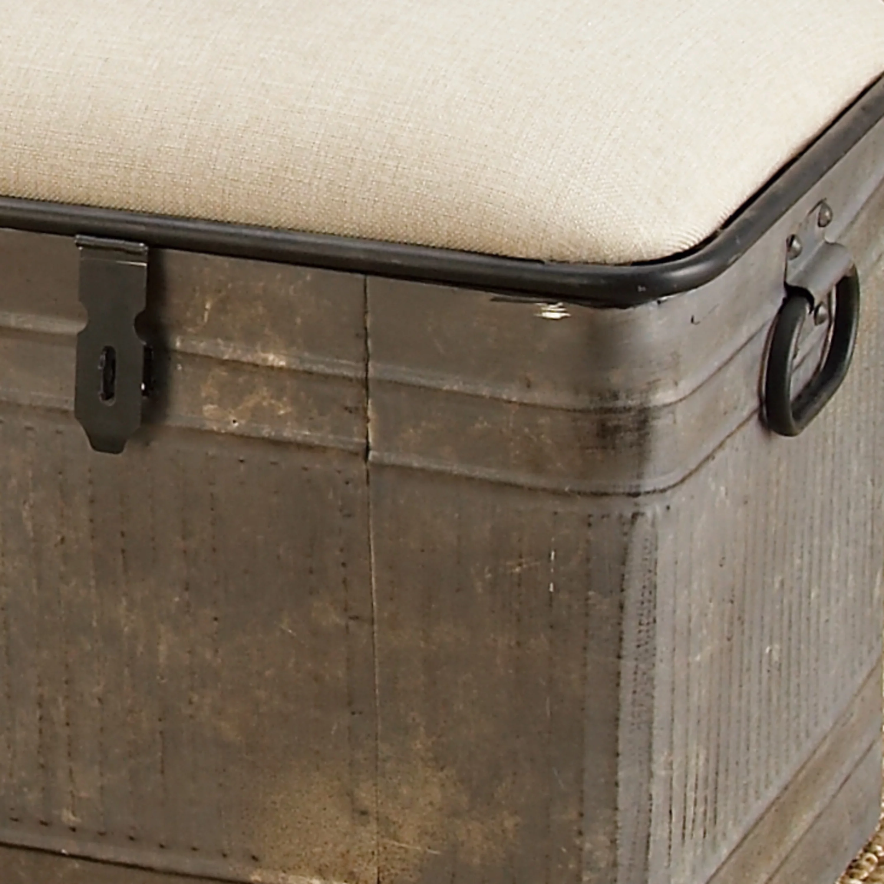 DecMode Metal Galvanized Storage Bench with Cream Burlap Top, Gray