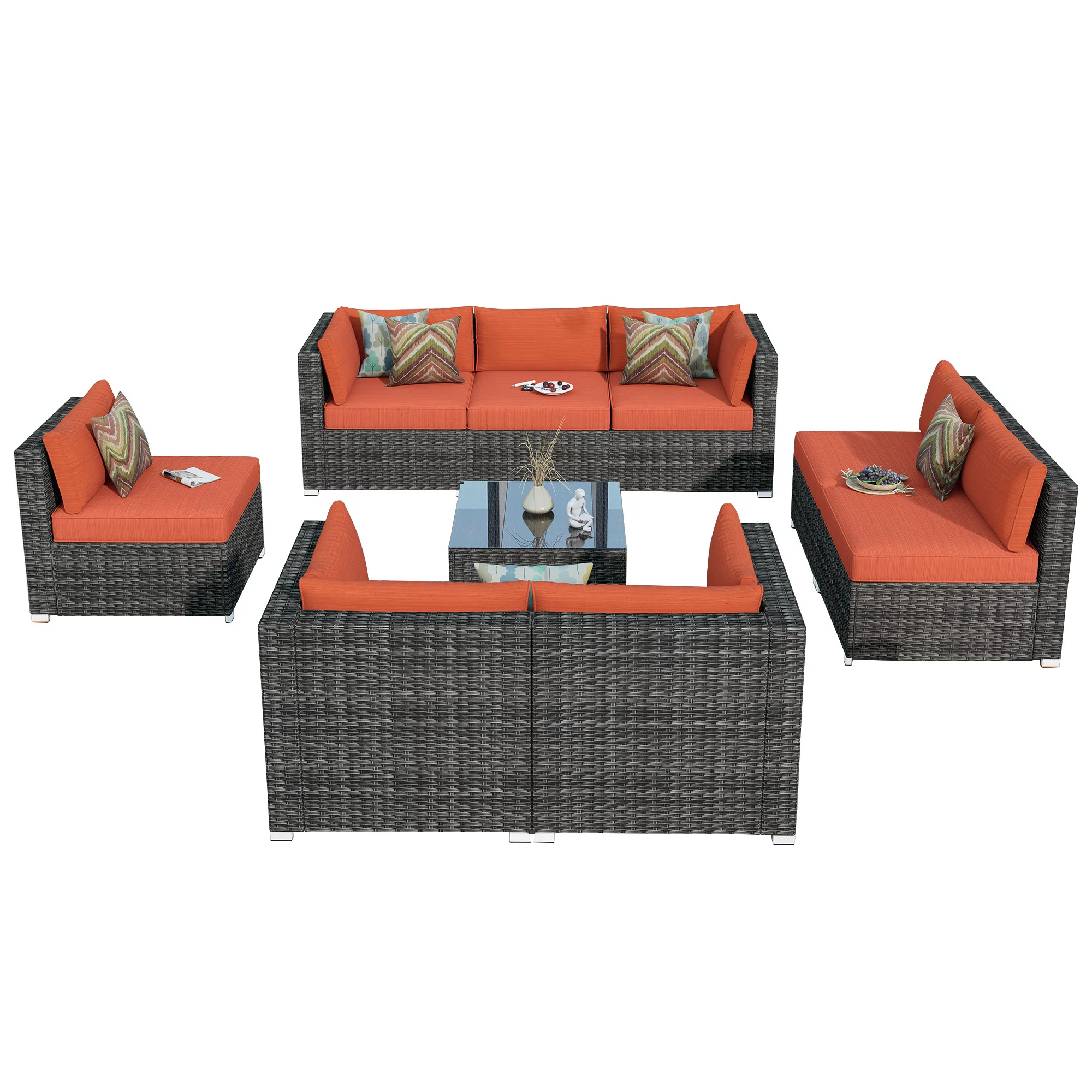 Ovios 9 Piece Outdoor Furniture All Weather Wicker Patio Conversation Sectional Sofa Set with Coffee Table for Garden Backyard (Orange Red)