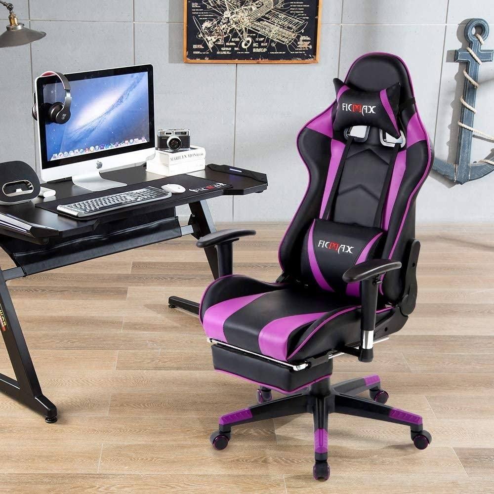 Ficmax Ergonomic Massage Gaming Chair with Footrest and Headrest (white/pink)
