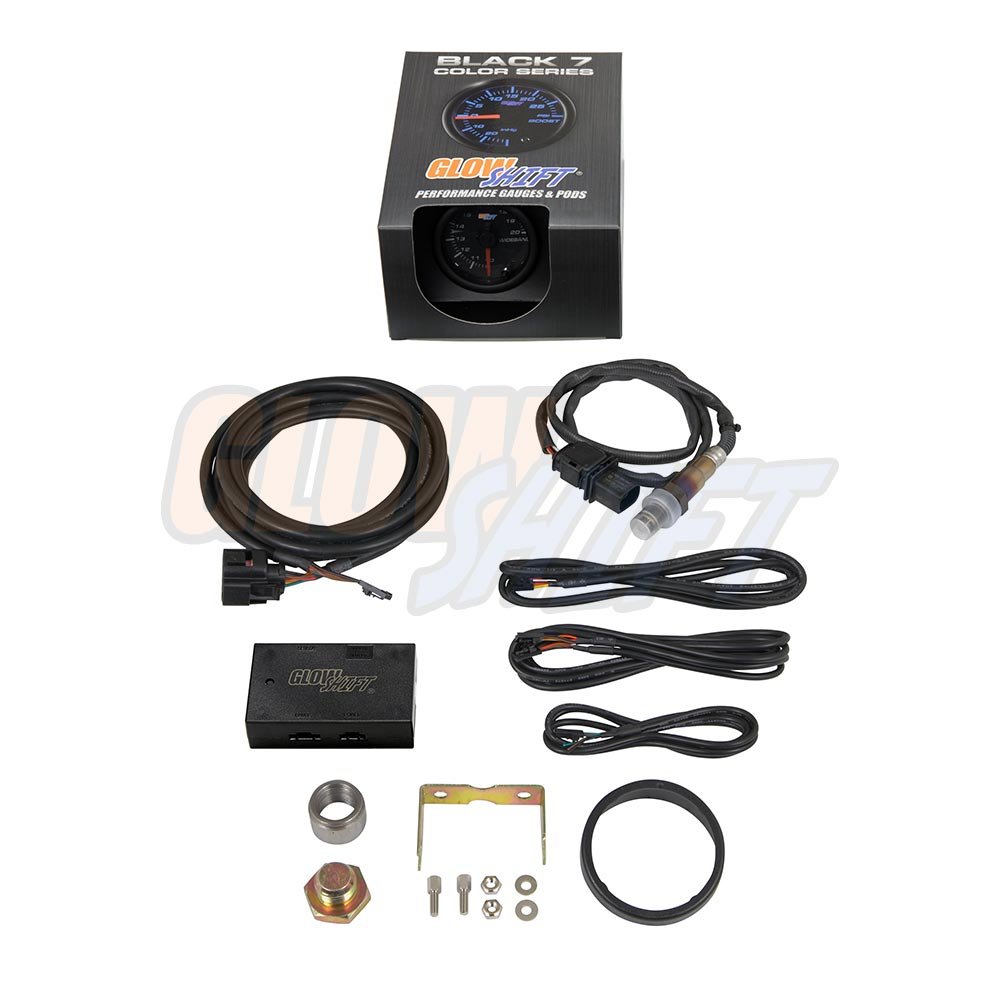 GlowShift Black 7 Color Analog Needle Wideband Air / Fuel Ratio AFR Gauge - Includes Oxygen Sensor, Data Logging Output & Weld-in Bung - Black Dial - Clear Lens - 2-1/16" 52mm