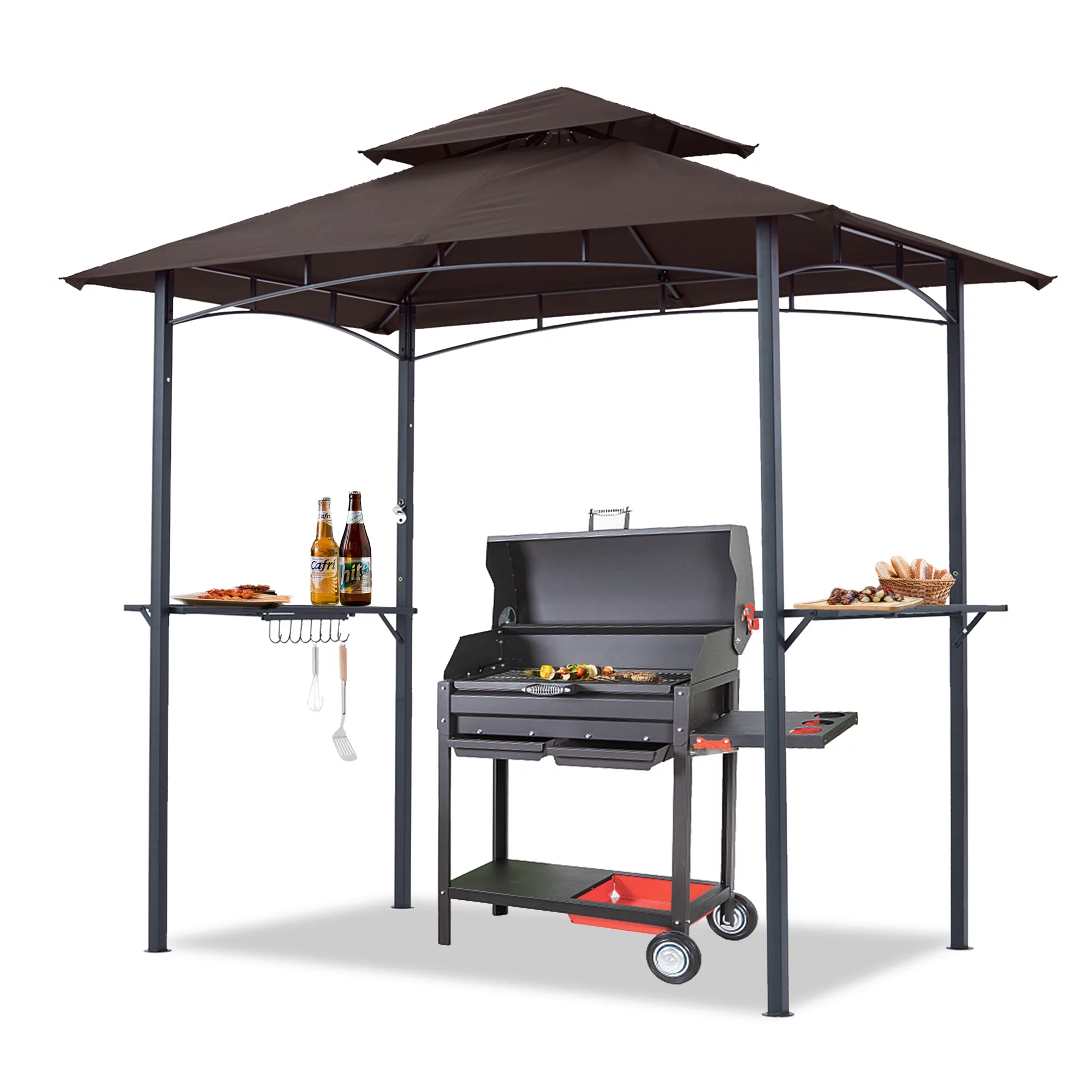 ABCCANOPY 8'x 5' Grill Gazebo Shelter, Double Tier Outdoor BBQ Gazebo Canopy with LED Light(Brown)