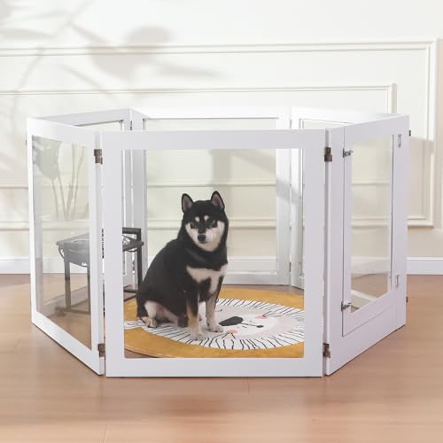 Heavy Duty Clear Acrylic Dog Playpen, Transparent Pet Pen, Metal Frame Easy Assemble Kennel Enclosure, Ideal for Small to Medium Dogs, Cats, and Other Small Pets (White, 6 Panels with Door)