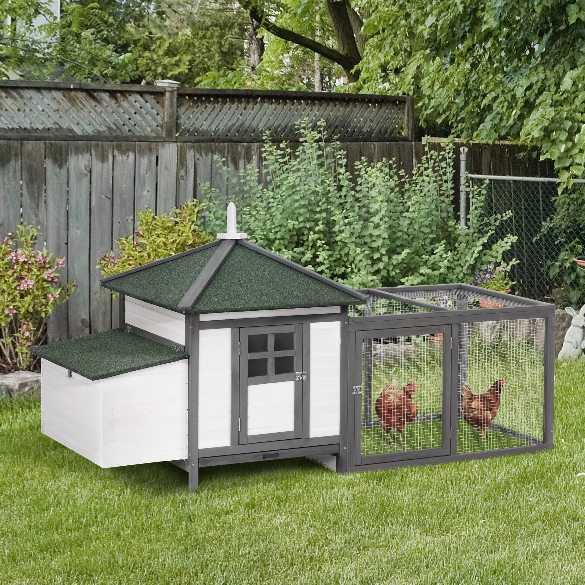 PawHut 77" Wooden Chicken Coop with Nesting Box, Cute Outdoor Hen House with Removable Tray, Ramp Run, for Garden Backyard, Gray - Curated Treasures Market