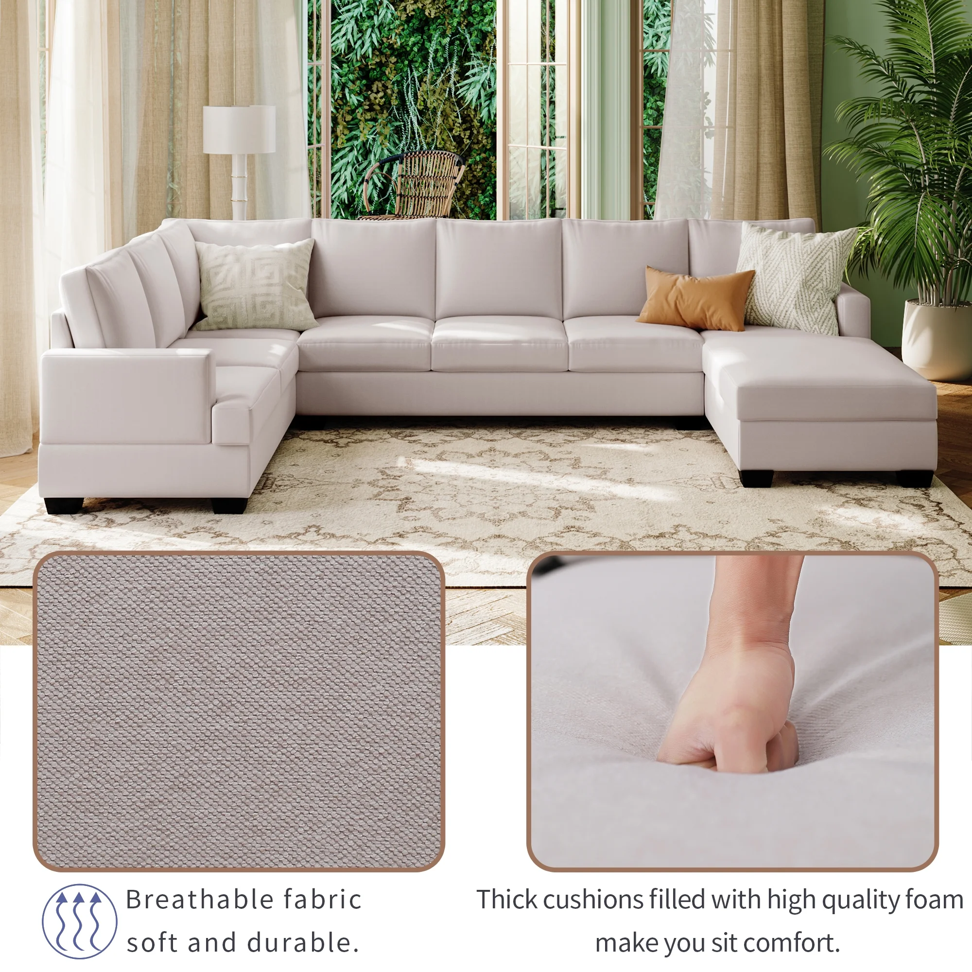 Dawn Whisper Modern Large Upholstered U-Shape Sectional Sofa, Extra Wide Chaise Lounge Couch, Beige