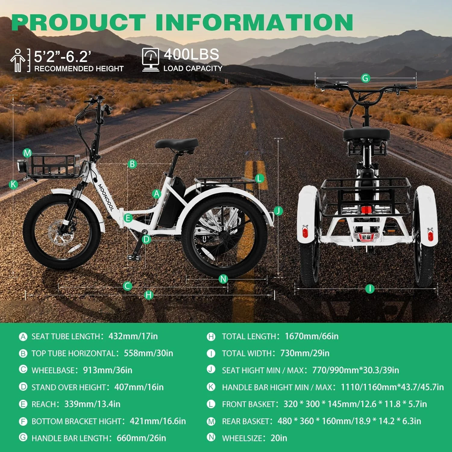 ABORON Folding Electric Tricycle for Adults, 48V Motor 20" Fat Tire 3 Wheel Electric Bike, 1 Speed Foldable Adult Electric Tricycle with 48V 14.5AH Removable Battery,Home, Travel, Off-Road