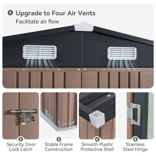 Aoxun 10 x 12FT Outdoor Storage Shed with Double Hinged Large Door Utility Garden Shed with Lockable Door & Sloped Roof Metal Sheds Outdoor Storage for Garden, Backyard, Patio and Backyard, Brown