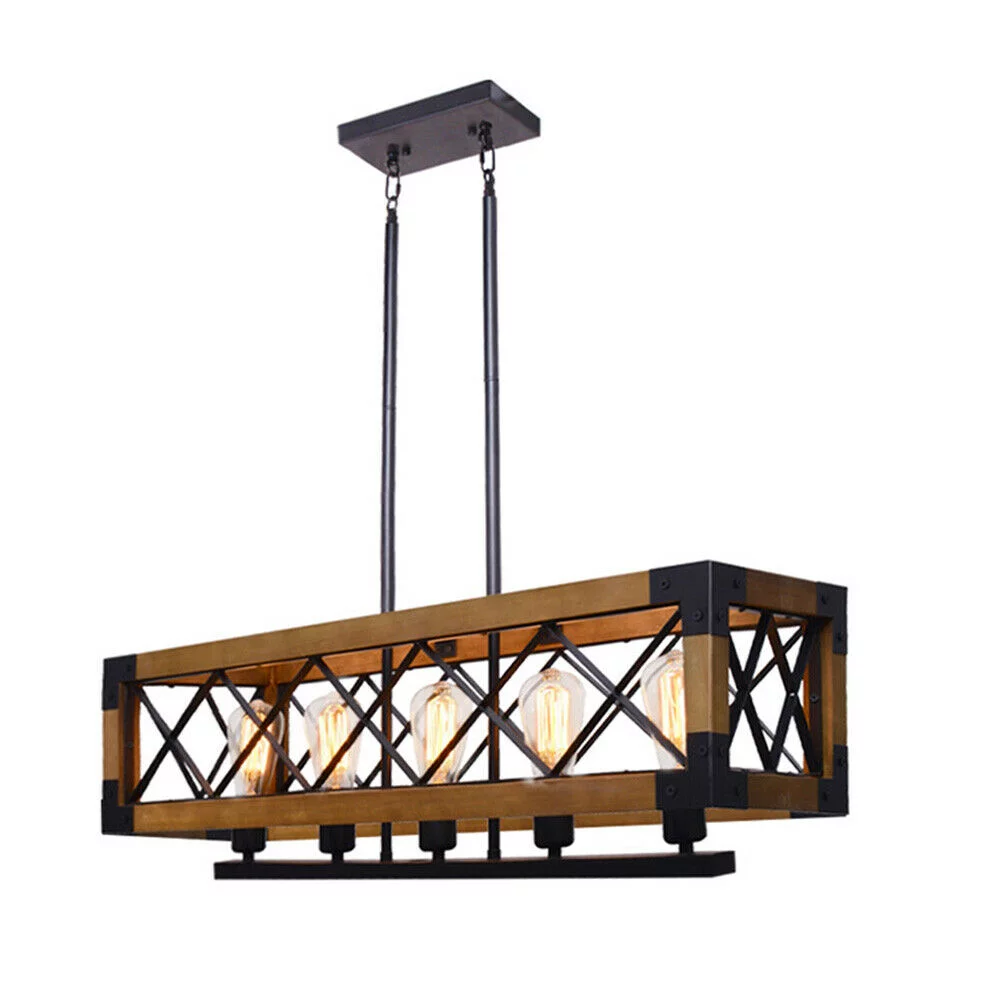 ZhdnBhnos 5-Lights Retro Farmhouse Chandelier Kitchen Island Pendant Light Fixture Wooden Rectangle Hanging Ceiling Lamp