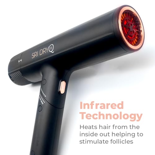 DryQ Smart Hair Dryer from SRI | Infrared and Ionic Technology - Lightweight + Foldable - Powerful + Quiet - 3 Magnetic Attachments - Heat Control with Locking Switch