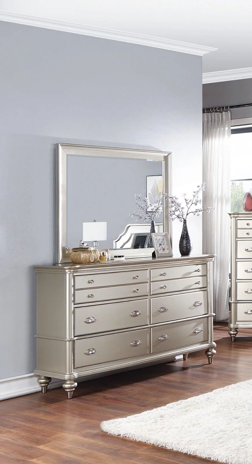 Classic Elegant 4pc Bedroom Set Satin Finished Silver Eastern King Size Bed Dresser Mirror Nightstand Furniture