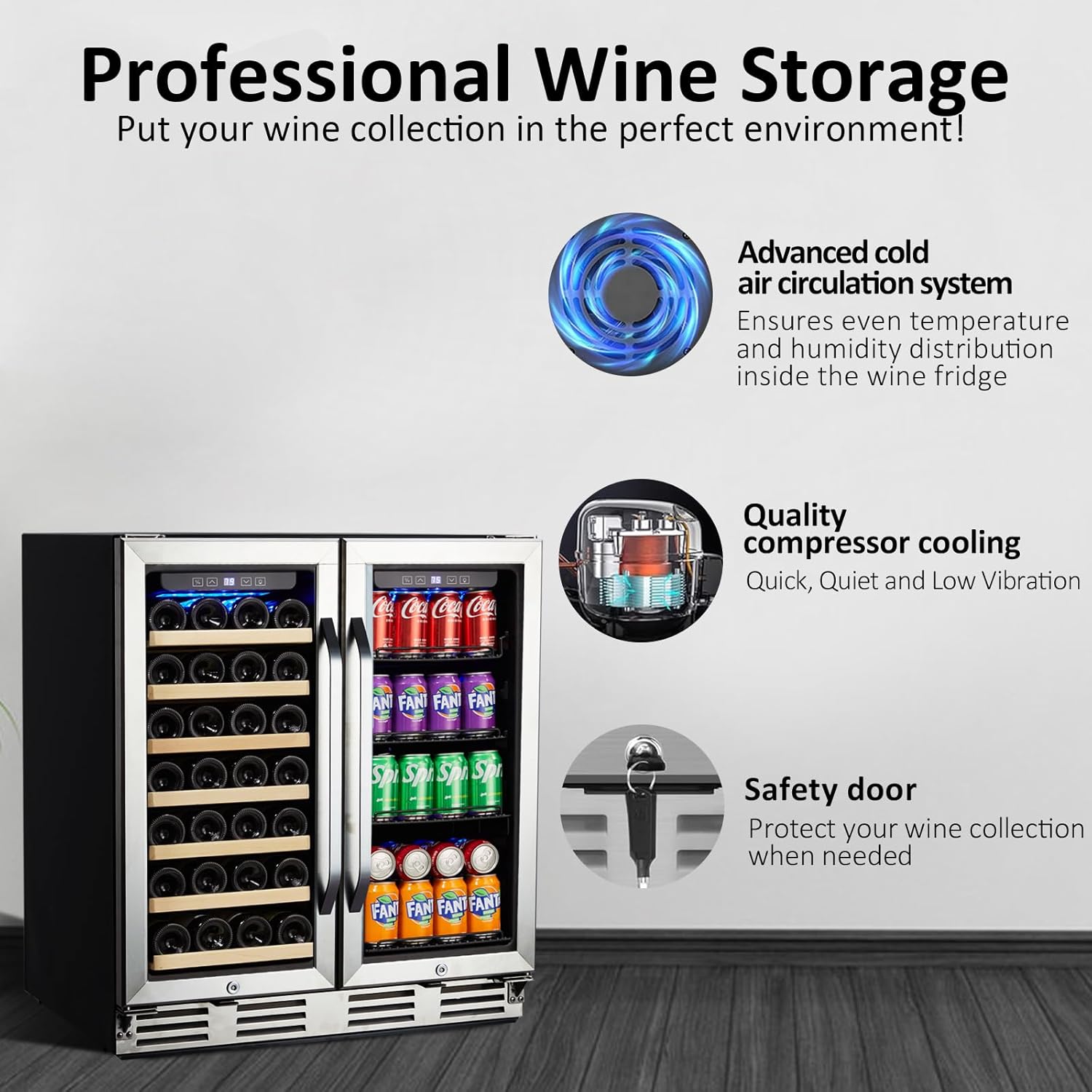 Wine and Beverage Refrigerator, 30 Inch Dual Zone Wine Cooler Refrigerator Wine Fridge with Digital Temperature Control Safety Locks LED Light, Hold 33 Bottles and 100 Cans, Built-In or Freestanding
